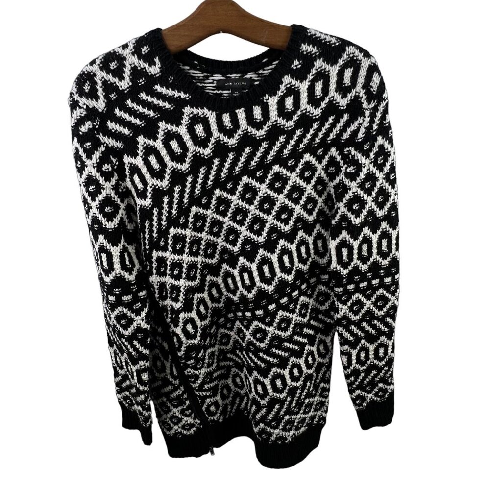 Ann Taylor Wool Blend Sweater Medium Black & White Geometric Pattern Side Zip